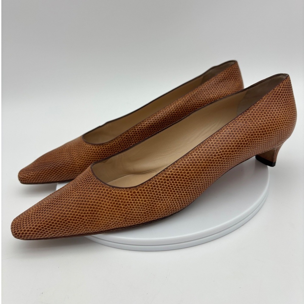 RENE MANCINI PARIS Brown Kitten Heel Pump Leather Square Shoe 39.5 I8.5 taly